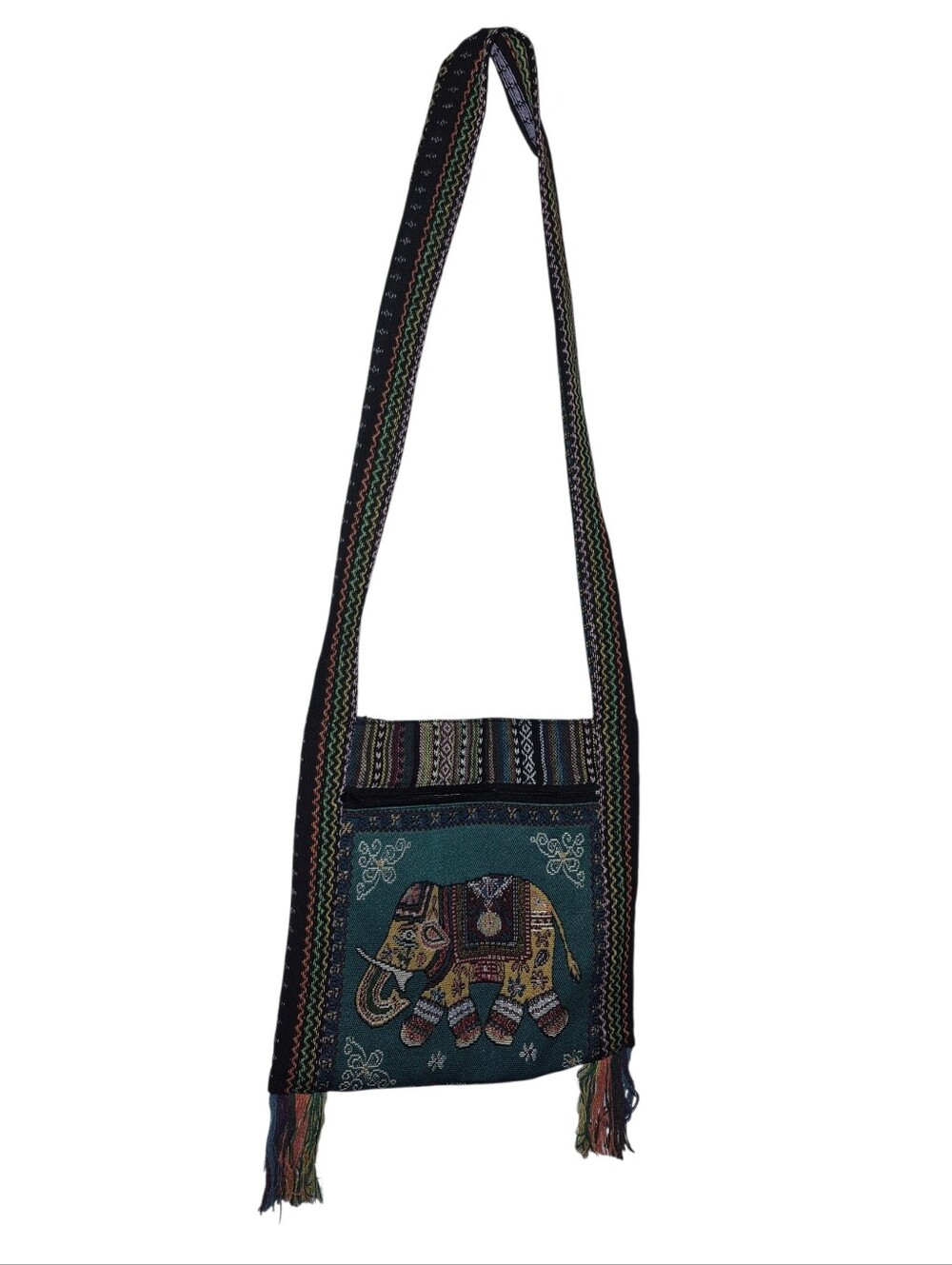 Handmade Boho Elephant Embroidered Crossbody Bag in Teal and Black